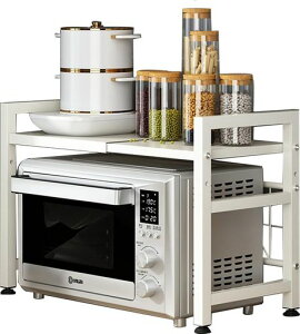 PKOUVOOレンジ上ラックトースターラックレンジラック伸縮式幅(36~65cm)棚板高さ調節可耐荷重50kgシンク上キッチン収納ラックフック6個付き(白46x36x42)