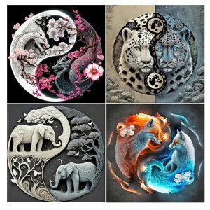 JISHSHAYダイヤモンドアート4枚セット40x40cmダイヤモンドアート太極圖ビーズアート上級者5Dダイヤモンドアート動物ダイヤモンドペインティング象ダイヤモンドアート龍人気手芸キット壁の…