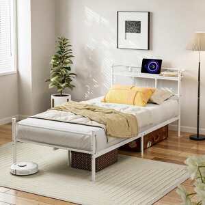 IKIFLYベッドフレームシングルパイプベッド2口コンセント&USB充電付きシングルベッドスチールベッド収納付きベッド宮棚付きすのこベッド棚付き2段階高さ調整カビ防止頑丈安定性耐久性耐…