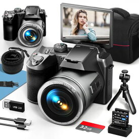 MO 写真用 64MPデジタルカメラ、YOUTUBE用4K VLOGGINGカメラ 3 ”フリップスクリーン、16Xデジタルズーム、WIFI&オートフォーカス、カメラマイク&三脚、2バッテリー、32GB TFカード(BLACK)
