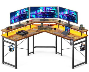 ODKゲーミングデスクコンセント付きパソコンデスク机幅129収納desk仕事用l字デスク在宅勤務組立簡単ビンテージ