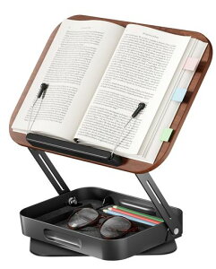 viozonブックスタンド卓上書見台譜面台360度回転式無階段高さ調節折りたたみ式金属製台座安定性小物収納ボックス付き勉強読書文房具木色