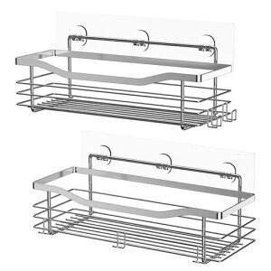 BTtime浴室用ラックお風呂ステンレス製収納ラック強力粘着固定壁掛け棚2段式水切りシャワーラック小物収納キッチン風呂場洗面所収納棚フック5個付き(シルバー)