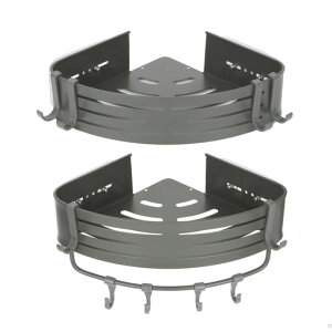 ohbien浴室用ラック2段式強力粘着固定バスルームシャワーフック壁掛け式コーナーラックフック8個お風呂三角コーナー収納風呂場洗面所水切り穴あけ不要グレー