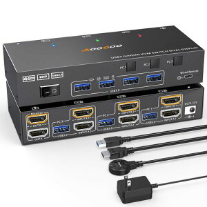 HDMI USB3.0 KVM�ؑ֊� 4K@60Hz �f���A�����j�^ 4��USB�|�[�g EDID�ێ� KVM�ؑ֊� 1�g�̃L�[�{�[�h�A�}�E�X�ŁAPC3��A���j�^�[2�䋤�L �茳�X�C�b�`&USB�P�[�u���t