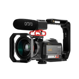 ORDRO AC5 HD 4Kビデオカメラ VLOGビデオレコーダ 1080P 60FPS 光学ズーム IPSタッチスクリーン、ノイズキャンセリングマイク搭載、広角&マクロ2IN1レンズ、防塵レンズカバー、ハンドヘルドスタンド