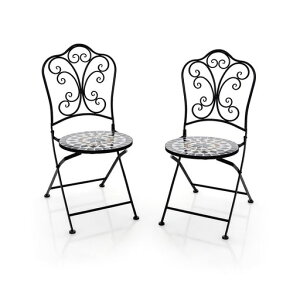 ガーデンチェア2脚セット防水モザイク柄折りたたみタイルチェアアンティーク調パティオ庭テラスアウトドア屋外屋内アイアン製おしゃれ(ガーデンチェア)
