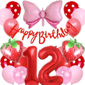 Lausatekバルーン誕生日12歳風船セットHAPPYBIRTHDAYバースデーガーランドバースデー飾り付け数字12いちご蝶結び装飾お祝いイベント子ども男の子女の子赤レッド
