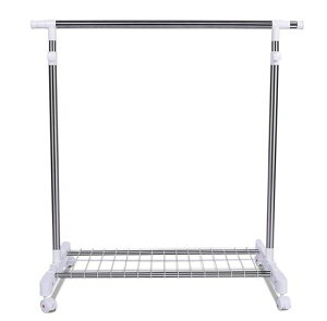 WGWJMハンガーラックシングル頑丈洋服掛けスタンドキャスター付き棚付き省スペース伸縮式パイプハンガー幅90~155x奥行43x高さ90~160cm耐荷重30kgJ-LD106