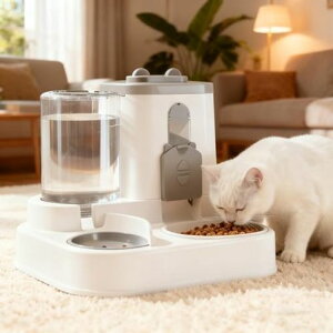 ANSENCURIAペット用給餌・給水一体型猫自動給餌器給水器電源不要猫/中小型犬向け水800ML/餌2200ML大容量水筒式給水器猫用中小型犬用自動給餌機猫可視化防滴性犬給水器犬多種類フード対応フ…