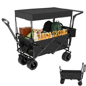 Vividorad屋根付きキャリーワゴンキャリーカート150L大容量耐荷重120kg収納バスケット付属こども乗せれるアウトドアワゴン折りたたみワンタッチ収束式多地形対応タイヤブレーキ付き頑丈大型