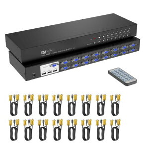 16ポートKVMスイッチ、YinkerラックKVMコンソールVGA16入力1出力16本KVMケーブルIRリモコン&イヤー付きHD1080P1Uラックキャビネット対応