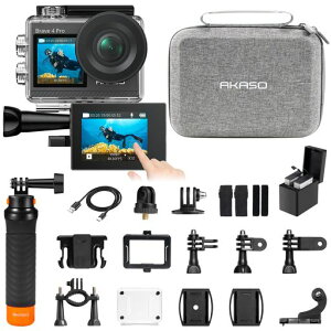 AKASO �A�N�V�����J���� Brave 4 Pro 4K 20MP�𑜓x �^�b�`�p�l���� �f���A���J���[�X�N���[�� 40M�h�� �����J���� ��Ԃ�␳ �O���}�C�N�Ή� WiFi���� HDMI�o�� 5�{�Y�[�� �t���[�e�B���O�O���b�v�c