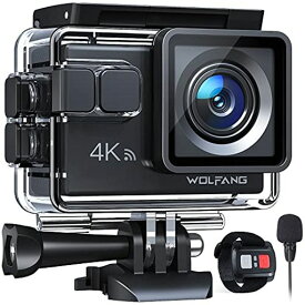 WOLFANG GA100 アクションカメラ 【マイク付き】 4K 20M 防水40M水中カメラ リモコン付き EIS手ぶれ補正 HDMI出力 1050MAHバッテリー2個 リモコン豊富なアクセサリー バイク/自転車/ヘルメットに装着可能