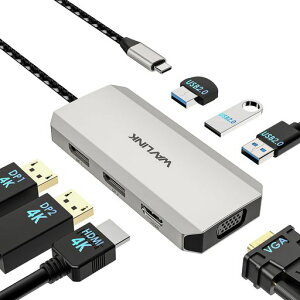 WAVLINK USB C�h�b�N4k�f�B�X�v���C�A7 in1�m�[�g�p�\�R���h�b�N�A�}���`�|�[�g�A�_�v�^�A�f���A��4K DP�A4K HDMI�A1080P VGA�A480Mbps USB2.0-A MacBook�ł�
