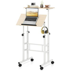 Giantex昇降デスク移動式2段構造無段階高さ調節耐荷重60kgスタンディングデスク幅60cmフック付きキャスー付きロック機能在宅ワーク介護用サイドテーブル勉強机仕事デスクパソコンデスク(…