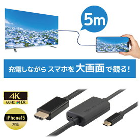 USB Type-C to HDMI 変換ケーブル 5m PD対応 RS-UCHD4K60-5MA スマホ テレビ に 映す アンドロイド iPhone15 テレビに映すケーブル スマホ テレビ 接続 ケーブル Android テレビ 変換 4K60Hz HDR タイプC HDMI USB 変換 USB-C PD 3.0 100W