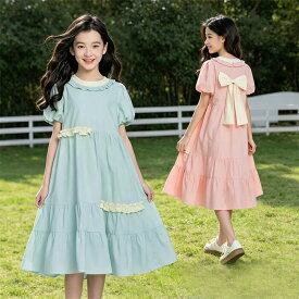 【キッズ】ワンピース 半袖 ロング丈 女の子 フリル ボウタイ ギャザーデザイン 発表会 卒園式 サマードレス ピンク ブルー 120-165cm