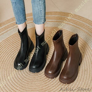 靴 シューズ 厚底ストレッチショートブーツ 低反発中敷 ブーツ バックファスナー ショートブーツ ハイカット 厚底 黒 アンクルブーツ ワークブーツ