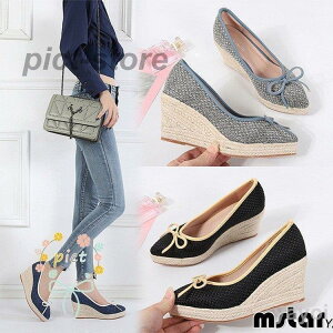 パンプス レディース 麻靴 リネン ウエッジソール 靴 履きやすい ヒール10cm おしゃれ 30代 40代 50代 通勤 ママシューズ 厚底 厚底パンプス 春 夏 秋