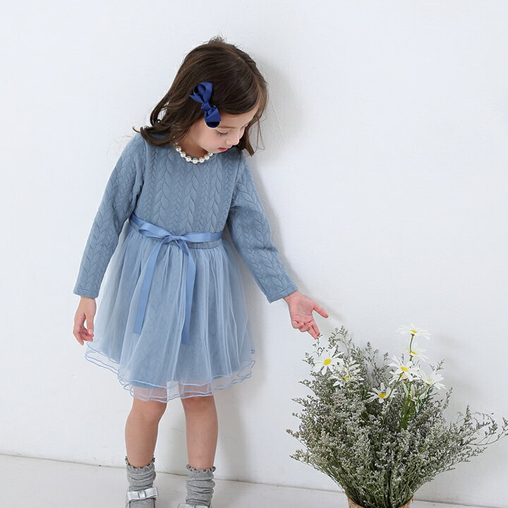 子供服 女の子 ネックレス付き ケーブル柄チュールワンピース 全4色 秋 冬 厚手 カジュアル キッズ プチプラ ジュニア おしゃれ 安い 可愛い 新品 かわいい 高質