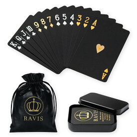 RAVIS トランプ プラスチック ブラック ゴールド 防水 フレックスカード マジック 手品 高級 パーティー ケース付 54枚 (ブラック・巾着付き)