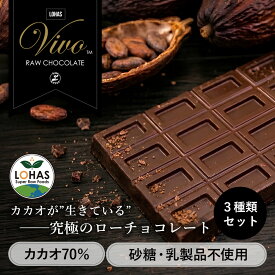 ローチョコレート 【 Vivo 3種セット ダーク / アーモンド / エナジー 70g×3種】 有機マカ配合 有機 砂糖不使用 乳製品不使用 低GI 低糖質 カカオ70% ハイカカオ 高カカオ ダイエットチョコ ローカカオ ロハス LOHAS