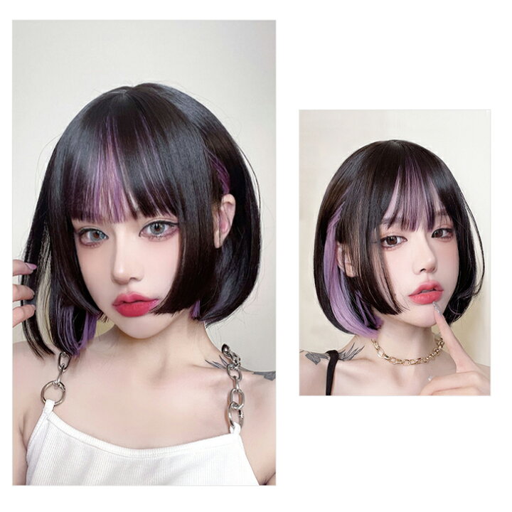 楽天市場 クーポン利用で2680円 インナーカラー ウィッグ ストレート ボブ シースルーバング 姫カット 前髪 ぱっつん ブラック ブラウン パープル ピンク フルウィッグ かつら 小顔 可愛い 結婚式 ライブ ハロウィン コスプレ パーティー イベント 演出用 写真用 変装