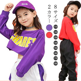 300円クーポン利用で1880円！キッズダンス ダンス衣装 ダンストレーナー ダンスプルオーバー ショート丈Tシャツ 英文字プリント 長袖 カジュアル ダンス服 個性派 トップス 秋冬 ストリートファッション ロック風 ヒップホップ 舞台 演出服 ダンス 送料無料 子供●4057●