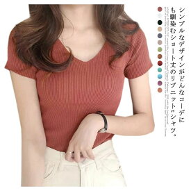 送料無料 リブニット Tシャツ ニットTシャツ 半袖ニット Tシャツ レディース ニットソー カットソー サマーニット Tシャツ ニットトップス ストレッチ Vネック 半袖 ショート丈 ベーシック セクシー 薄手 ベーシック 無地 オフィス