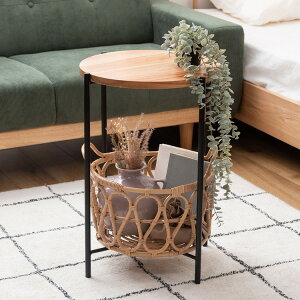 バスケット付きサイドテーブル テーブル バスケット付き 収納 机 サイドテーブル ラタン 籐 スチール 天板 ソファサイド ベッドサイド 新生活 コンパクト 省スペース インテリア 北欧(代引