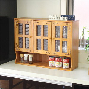 カウンター上収納 調味料入れ 幅68cm リーフ柄 ライトブラウン 上置き 引き戸 収納棚 両面開閉 木製 キッチン 台所 完成品 (代引不可)