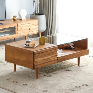 日本製 センターテーブル ガラステーブル 幅100 アカシア無垢 リゾート風デザイン 凹凸感 引き出し 木目 アルグ かわいい 可愛い おしゃれ(代引不可)【送料無料】