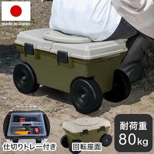 【仕切りトレーセット】グリーンパル 日本製 フィールドカート KURURI オリーブグリーン 収納付き 回転座面 耐荷重80kg 座ったまま回転 ガーデニング 園芸 草刈り 腰かけ 腰掛け 台車 椅子 洗