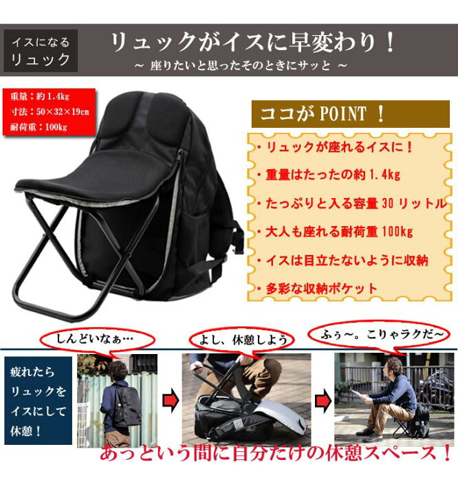 楽天市場】いつでもどこでも座れるリュック リュック 軽量 コンパクト 