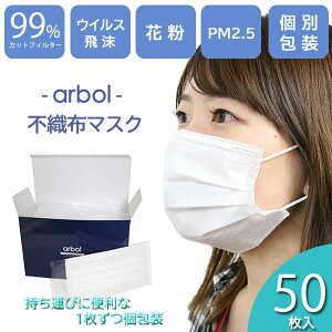 マスク arbol 不織布マスク 50枚入り 使い捨て 個包装タイプ BFE/VFE99%カット レギュラーサイズ メンズ レディース 1120-1009 ホワイト