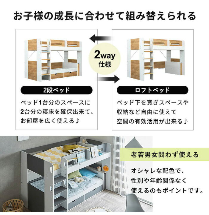 楽天市場】ロフトベッド システムベッド 木製 子供用ベッド 宮付き 二 