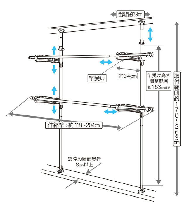 楽天市場】セキスイ つっぱり式窓枠物干し 高さ178~263cm TM-T2W 積水 