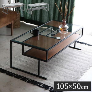 センターテーブル 105×50cm ガラステーブル 棚付き リバーシブル 脚部 ローテーブル 棚板 収納 リビング ワンルーム おしゃれ スタイリッシュ モダン デザイナーズマンション オブジェ テーブ