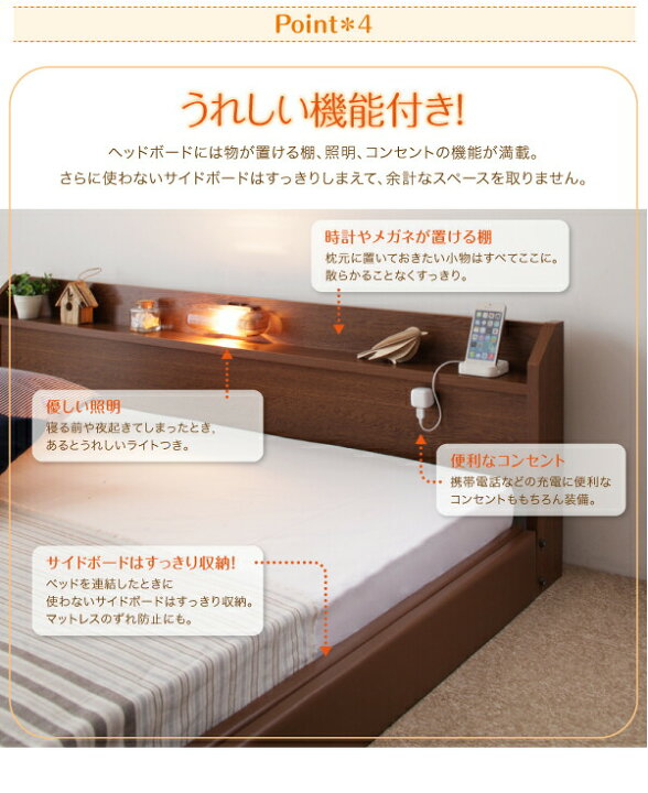 楽天市場】棚・照明・コンセント付ロング丈連結ベッド ポケットコイル 