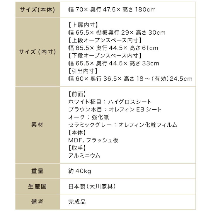 楽天市場】食器棚 幅70 高さ180 モイス加工 国産 完成品 開梱設置無料 