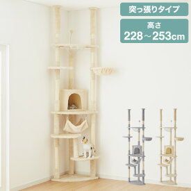 キャットタワー つっぱり 突っ張り 高さ228~253cm ハンモック付 宇宙船付き 隠れ家 ハウス 爪とぎ 大型 ハイタイプ ベージュ ライトグレー キャットハウス 猫タワー 運動不足解消 ペット用品 猫 ねこ【送料無料】