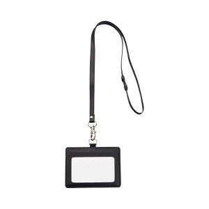 (まとめ) TANOSEE 合皮製ネームカードホルダー ヨコ型 ストラップ付 ブラック 1個 【×10セット】 (代引不可)