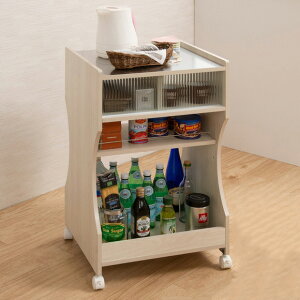 キャスター付きキッチンワゴン ホワイトウォッシュ 白 収納 家具 シンプル おしゃれ 北欧 キッチン オープン ワゴン 引き戸付き(代引不可)【送料無料】