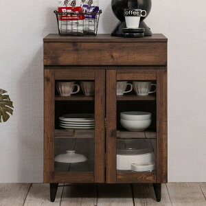 arizona 食器収納 幅60 新生活 一人暮らし ロータイプ 棚 ガラス扉 カップボード キッチンラック 収納庫 食器 レンジ台 可動棚 引出し付き キッチン 木製 ビンテージ ヴィンテージ(代引不可)【