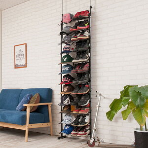 シューズラック 幅53 スリム 薄型 ブラック スチール つっぱり シューズラック 靴箱 ディスプレイラック 靴置き 靴収納 スニーカー 玄関 スリッパ 薄型 下駄箱 省スペース すきま ウォールラ