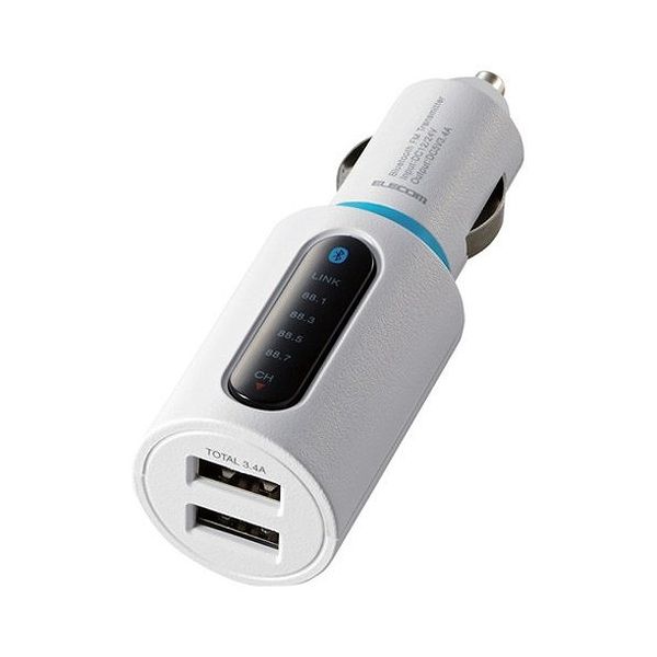エレコム FMトランスミッター Bluetooth USB2ポート付 3.4A おまかせ充電 4チャンネル ホワイト LAT-FMBT04WH(代引不可)