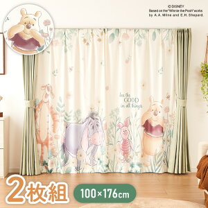 プーさん絵羽レースカーテン 2枚組 100×176cm UVカット 洗える 洗濯 プライバシー 目隠し フック付き カーテン 紫外線 おしゃれ かわいい ディズニー くまのプーさん ピグレット ティガー イー
