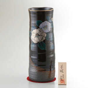 美濃焼 10号黒伊賀長花瓶 プラチナ山茶花 YJ15‐05 室内装飾品 花瓶 和陶花瓶(代引不可)【送料無料】