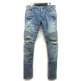 【中古】バルマン BALMAIN ダメージ加工 バイカー スキニー デニム パンツ ジーンズ SH15130 ブルー 32 ☆AA★ メンズ 【ベクトル 古着】 240129